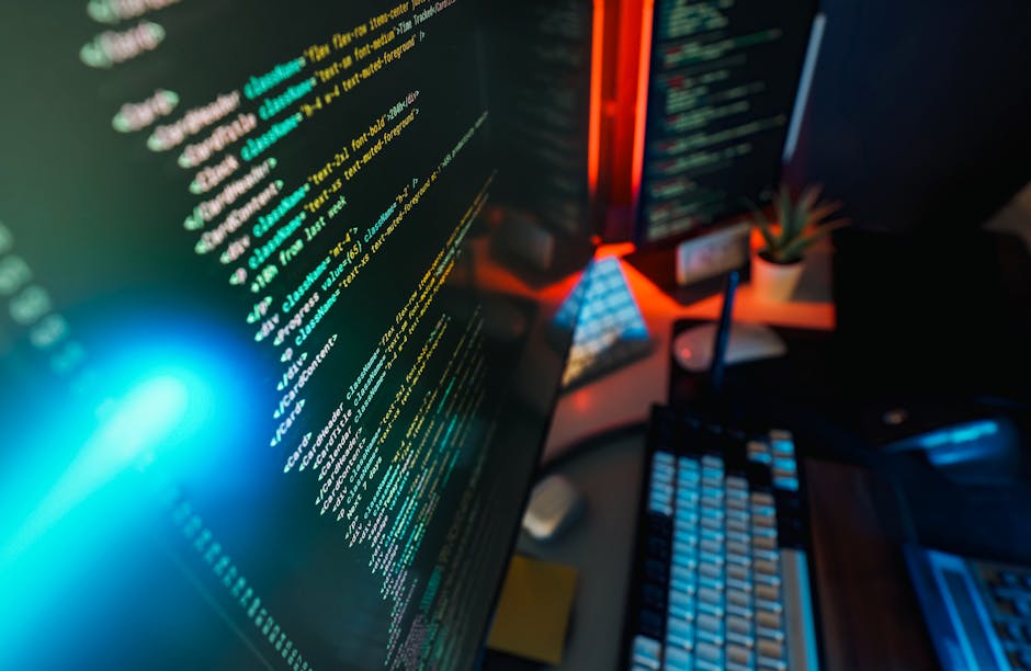 A close-up photograph of a computer screen displaying HTML code within a text editing software. The code snippet includes tags such as <html>, <head>, <title>, and <link>, with various attributes like